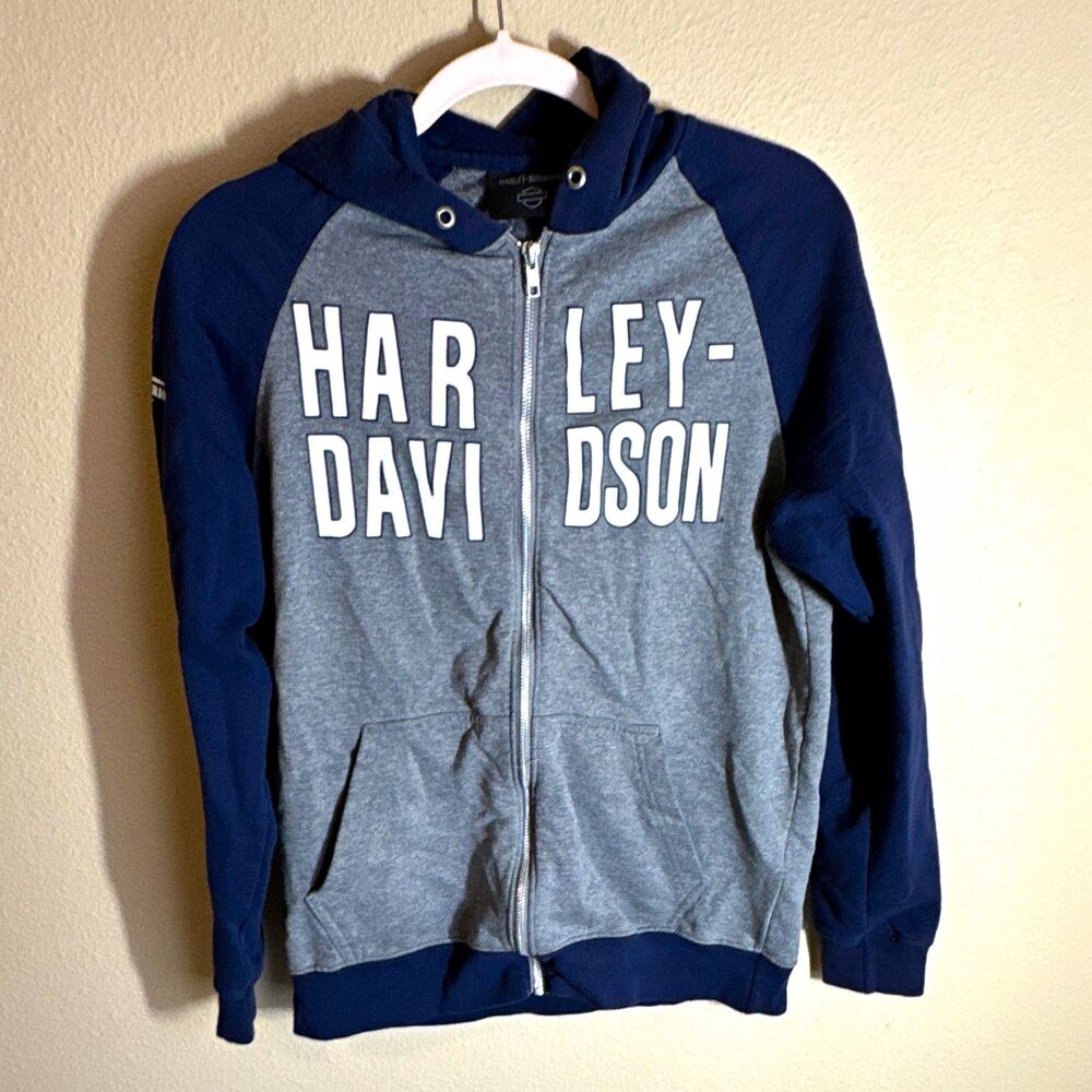 Harley-Davidson Men’s Full Zip Fleece Hoodie Graphic Print Gray/Blue Size S